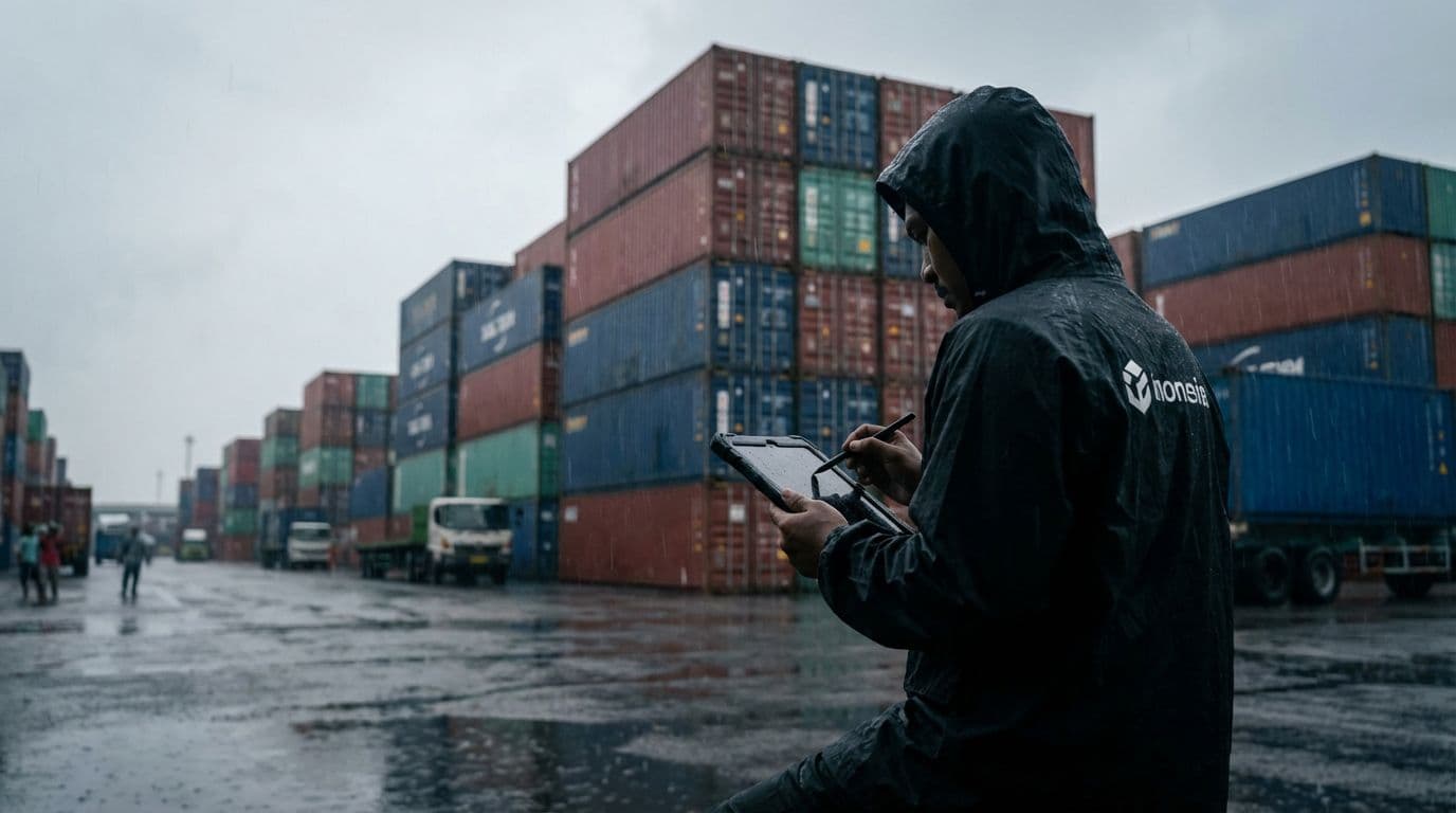 Port operations officer checking import shipments at an Indonesian container terminal